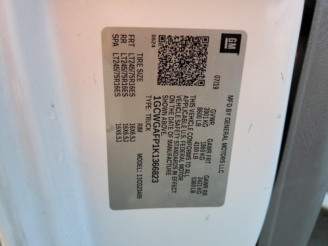 2019 Chevrolet Express G2500 VIN: 1GCWGAFP1K1366823 Lot: 90998895