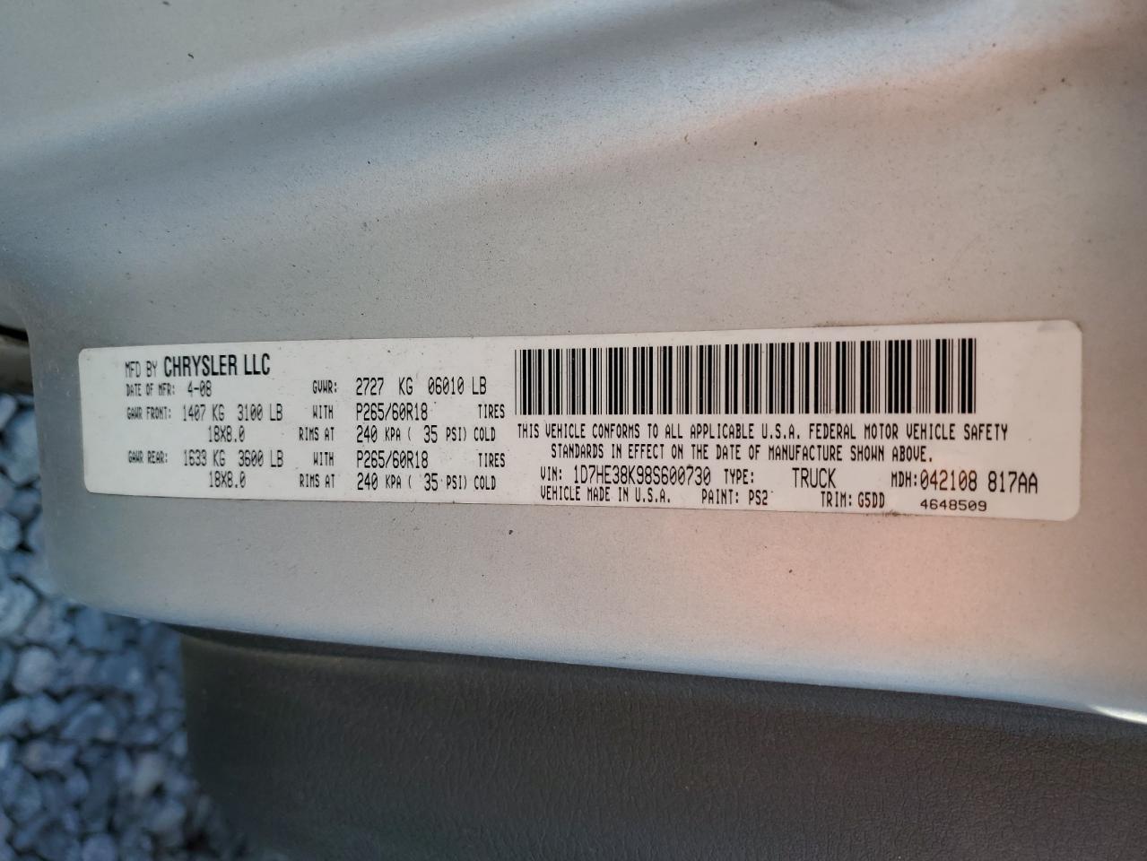 2008 Dodge Dakota Sxt VIN: 1D7HE38K98S600730 Lot: 92807515