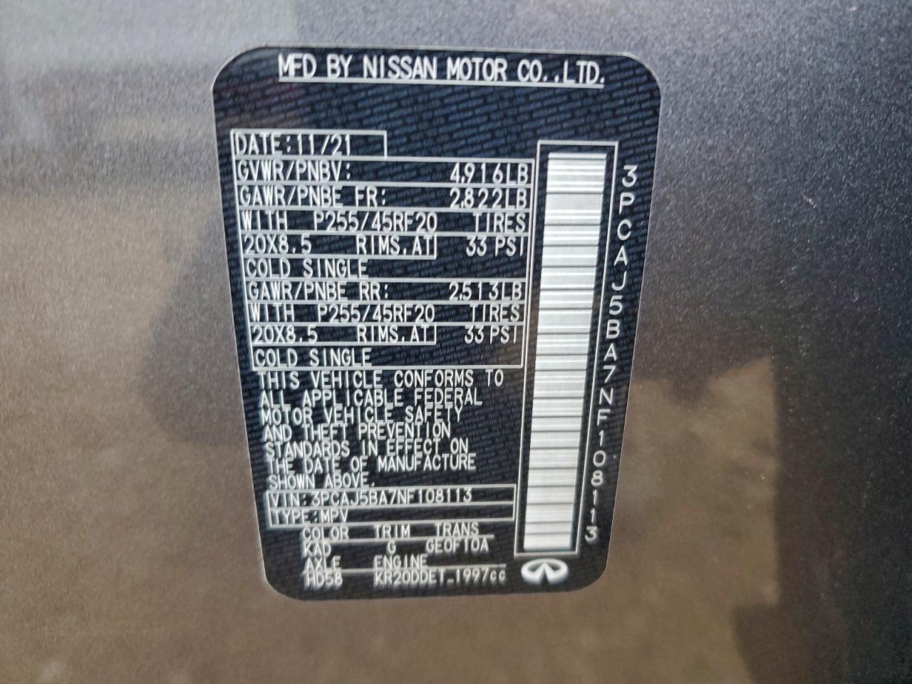 2022 Infiniti Qx50 Luxe VIN: 3PCAJ5BA7NF108113 Lot: 94052635