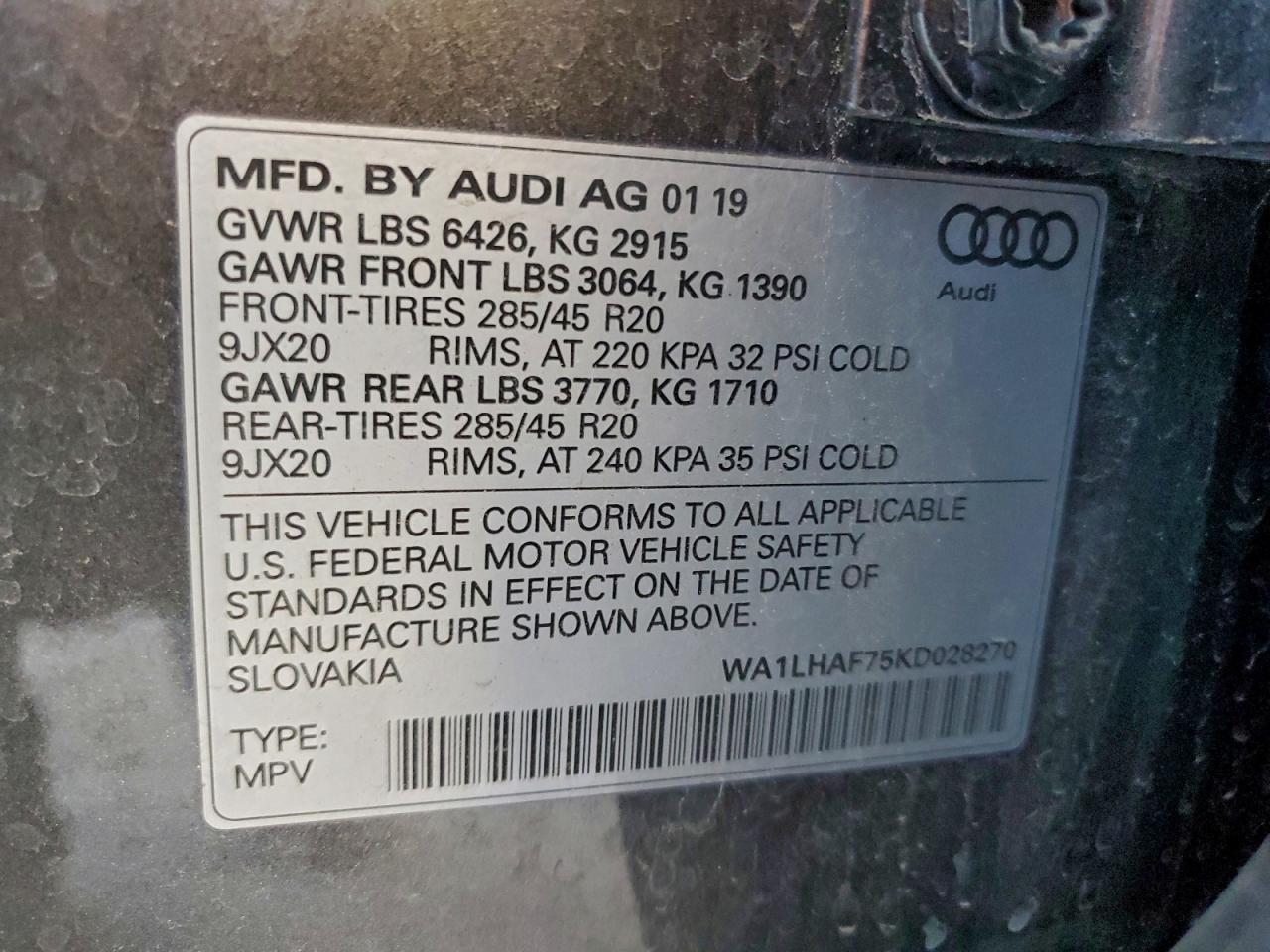 2019 Audi Q7 Premium Plus VIN: WA1LHAF75KD028270 Lot: 94476415