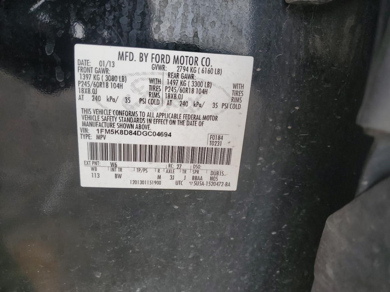 2013 Ford Explorer Xlt VIN: 1FM5K8D84DGC04694 Lot: 92330975