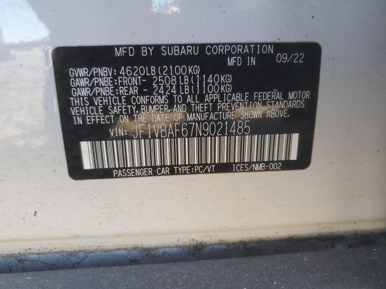2022 Subaru Wrx Premium VIN: JF1VBAF67N9021485 Lot: 93011785