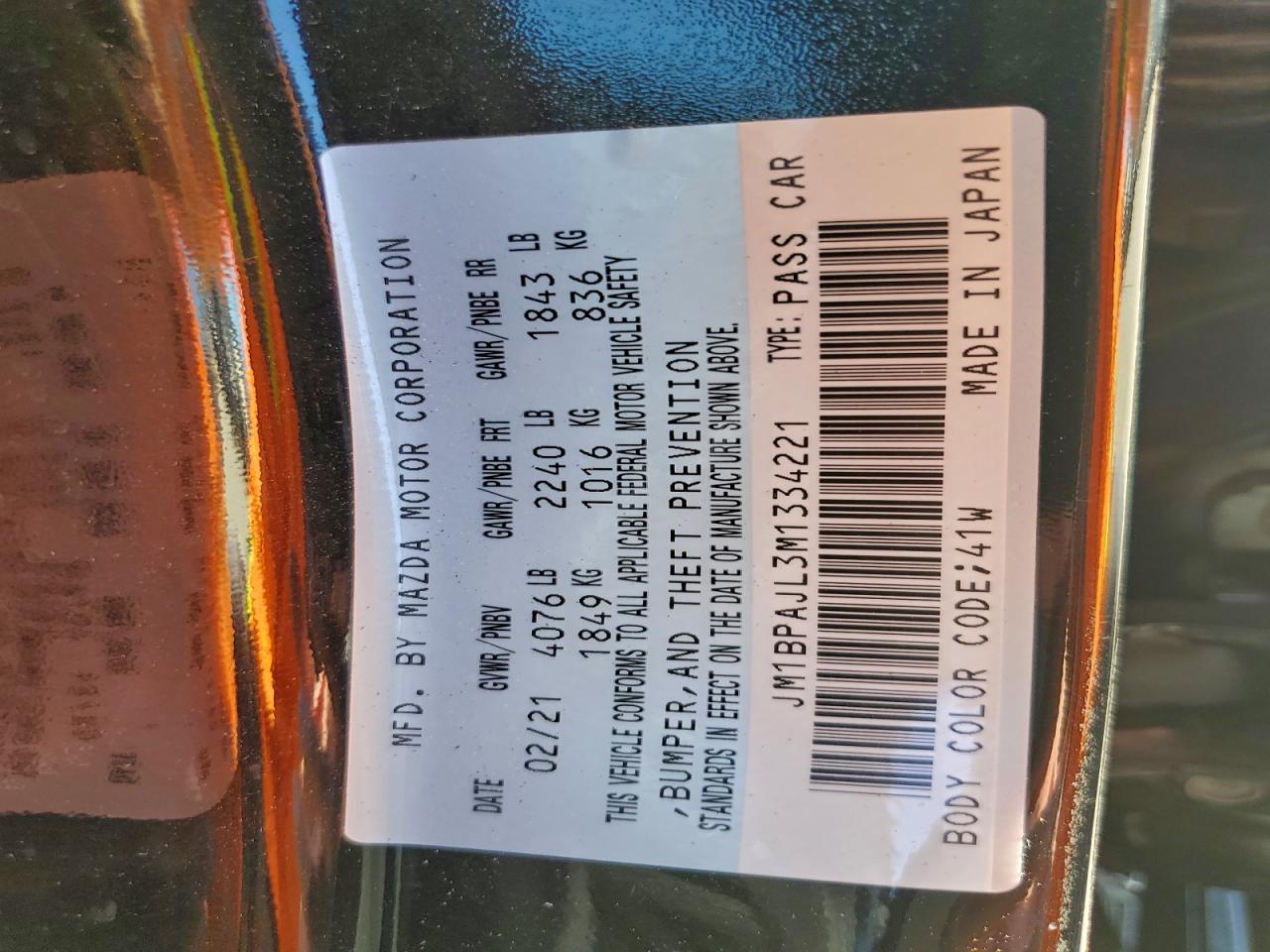 2021 Mazda 3 VIN: JM1BPAJL3M1334221 Lot: 91222475