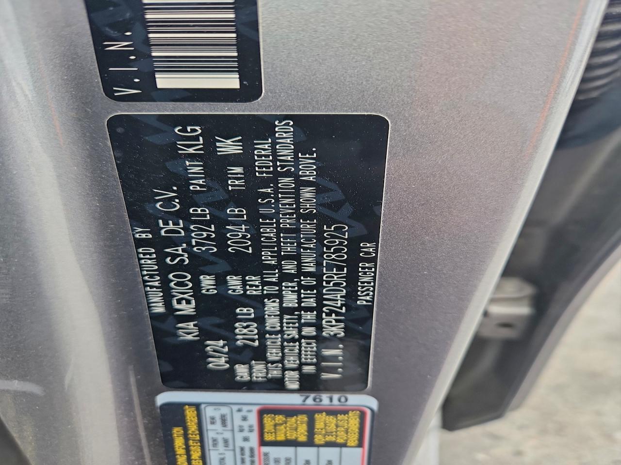 2024 Kia Forte Lx VIN: 3KPF24AD5RE785925 Lot: 94142865