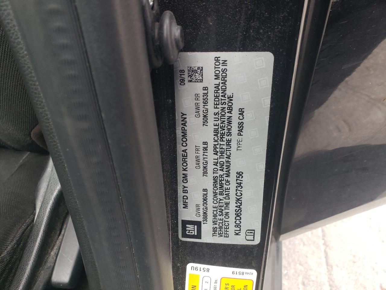 2019 Chevrolet Spark 1Lt VIN: KL8CD6SA2KC734756 Lot: 90804245