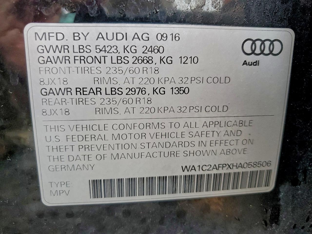 2017 Audi Q5 Premium VIN: WA1C2AFPXHA058506 Lot: 94429145