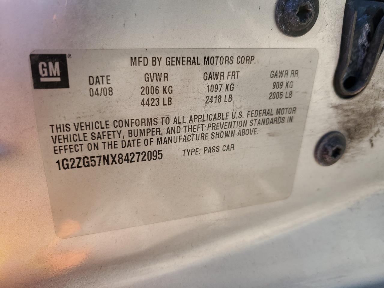 2008 Pontiac G6 Base VIN: 1G2ZG57NX84272095 Lot: 90944965