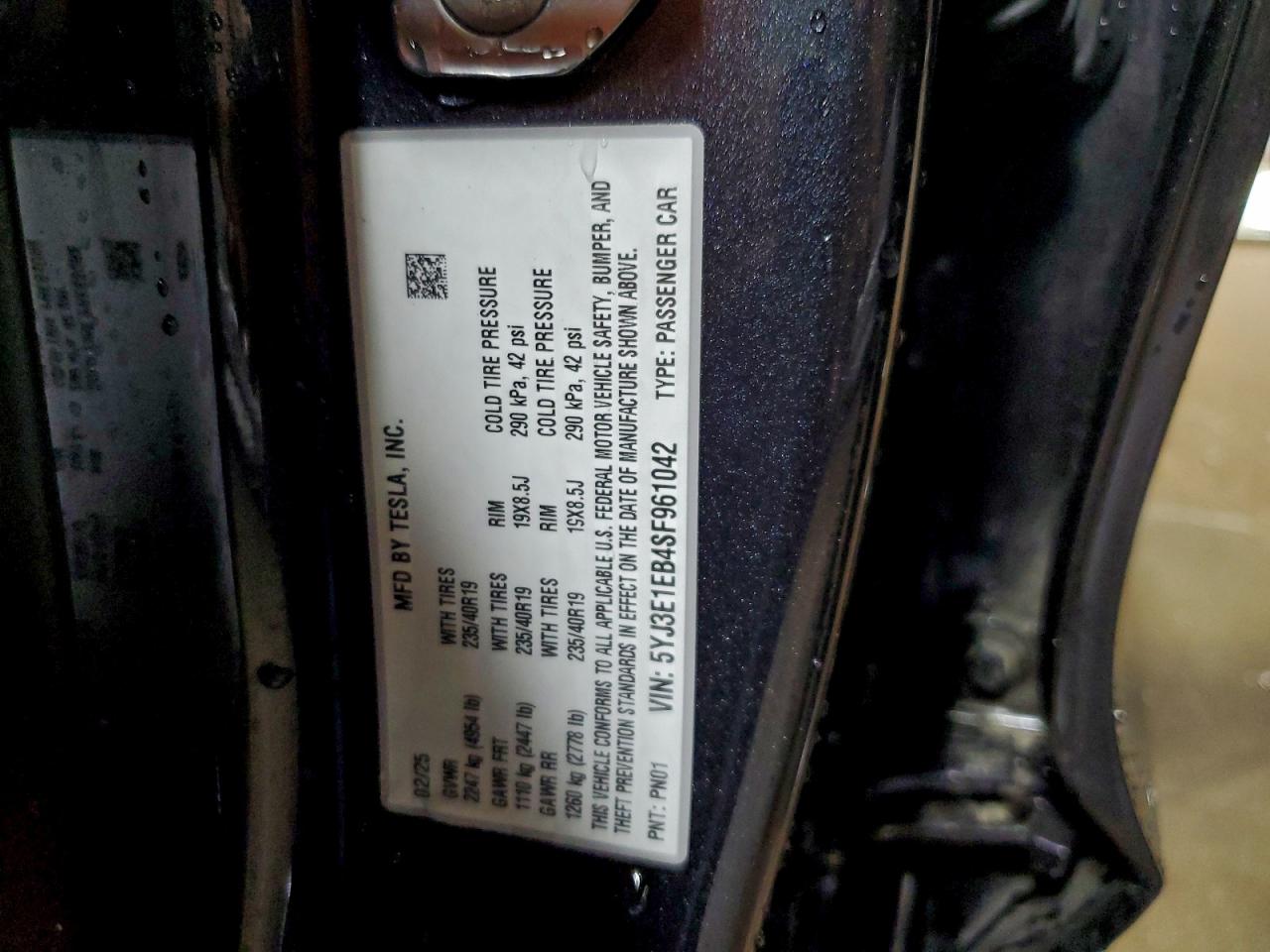 2025 Tesla Model 3 VIN: 5YJ3E1EB4SF961042 Lot: 94269955