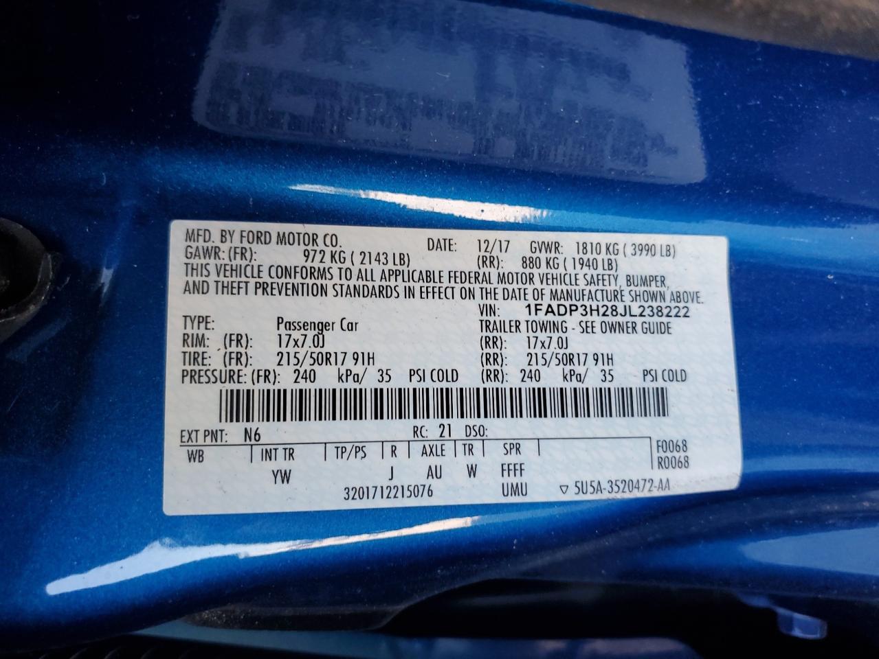 2018 Ford Focus Sel VIN: 1FADP3H28JL238222 Lot: 93452095