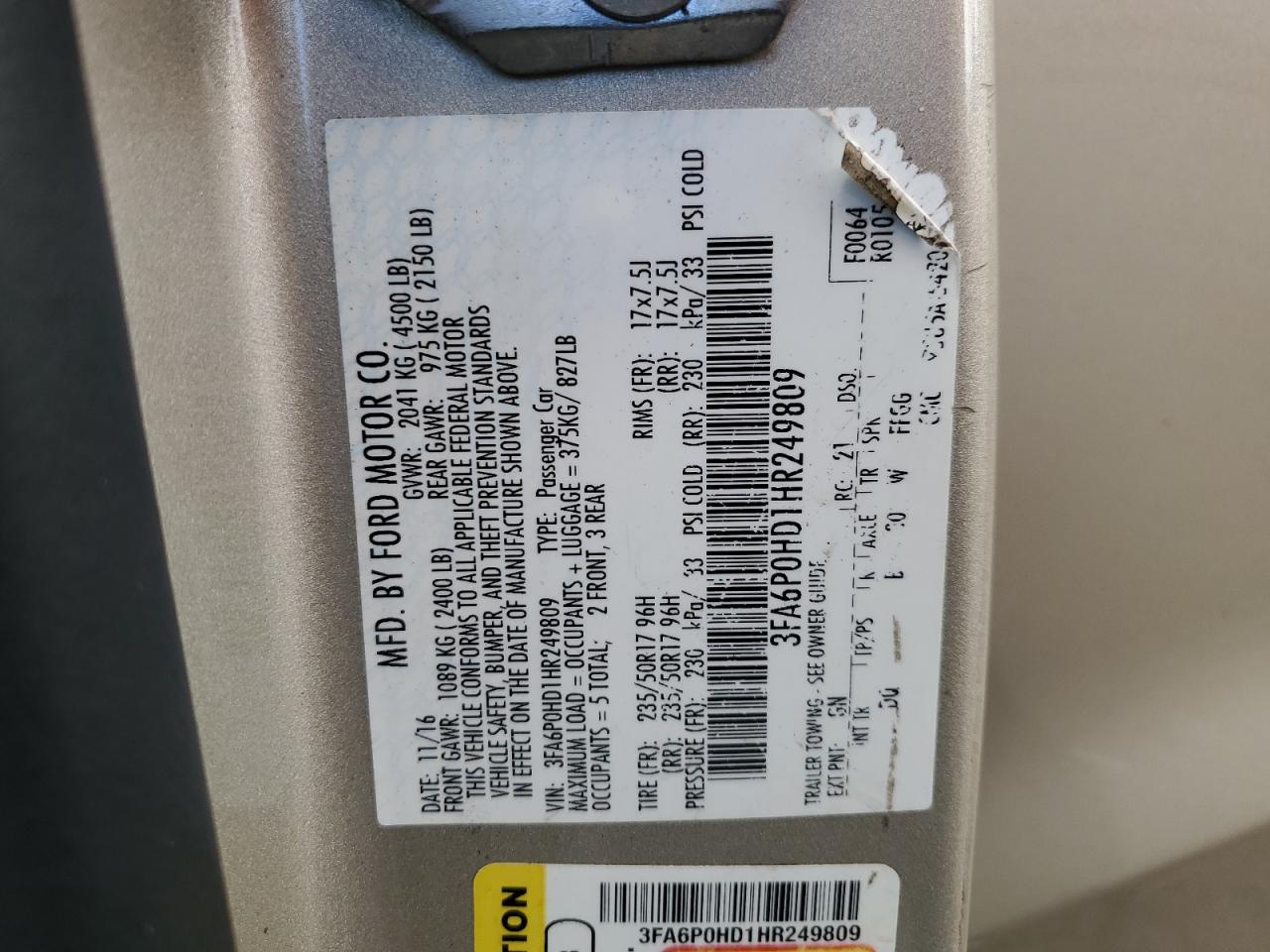 2017 Ford Fusion Se VIN: 3FA6P0HD1HR249809 Lot: 92041335