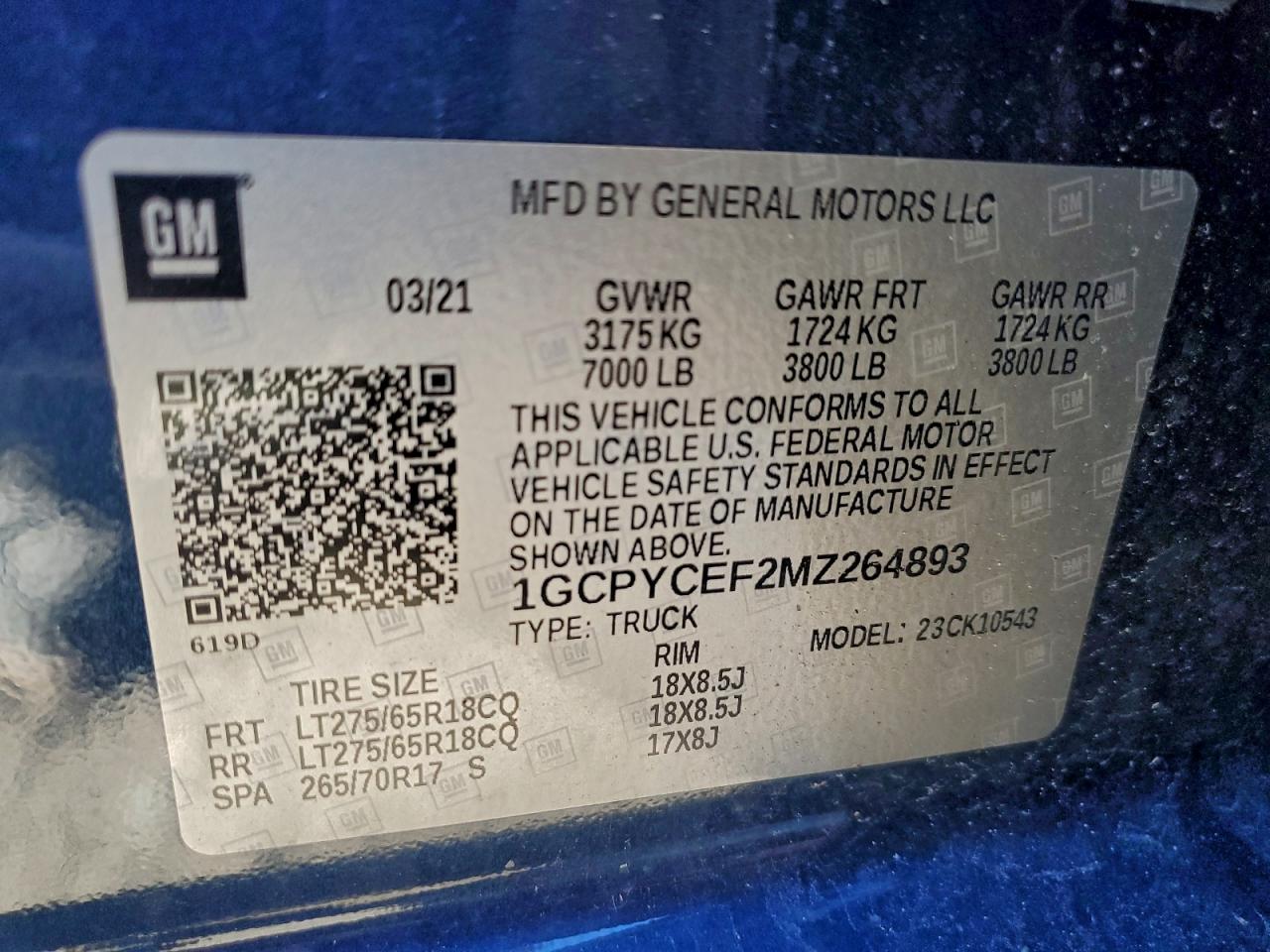 2021 Chevrolet Silverado K1500 Trail Boss Custom VIN: 1GCPYCEF2MZ264893 Lot: 94233485