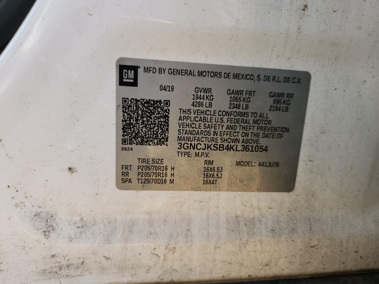 2019 Chevrolet Trax Ls VIN: 3GNCJKSB4KL361054 Lot: 91507695