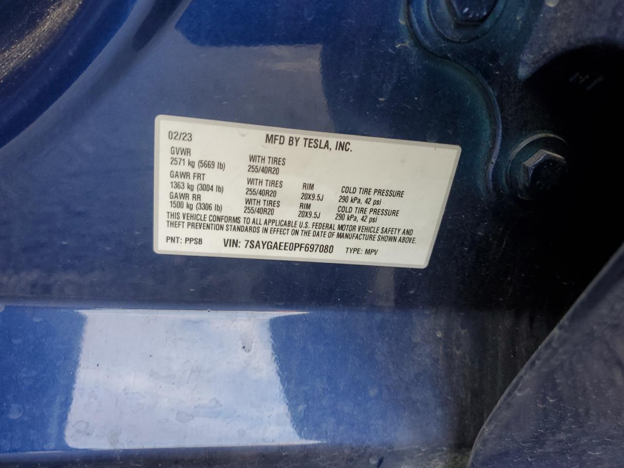 2023 Tesla Model Y VIN: 7SAYGAEE0PF697080 Lot: 92863945