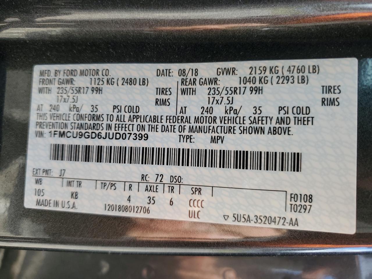 2018 Ford Escape Se VIN: 1FMCU9GD6JUD07399 Lot: 93000655