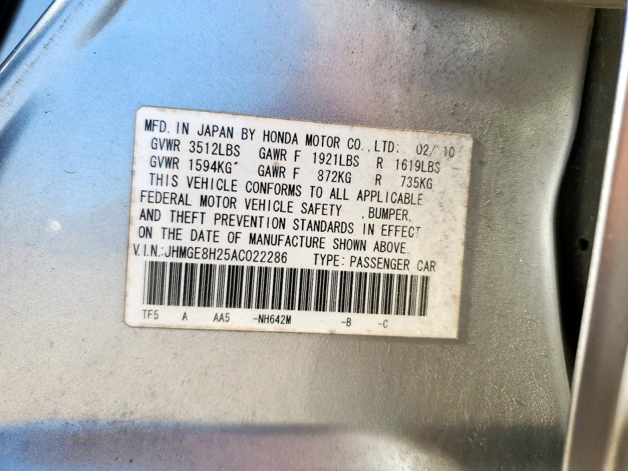 2010 Honda Fit VIN: JHMGE8H25AC022286 Lot: 91304435