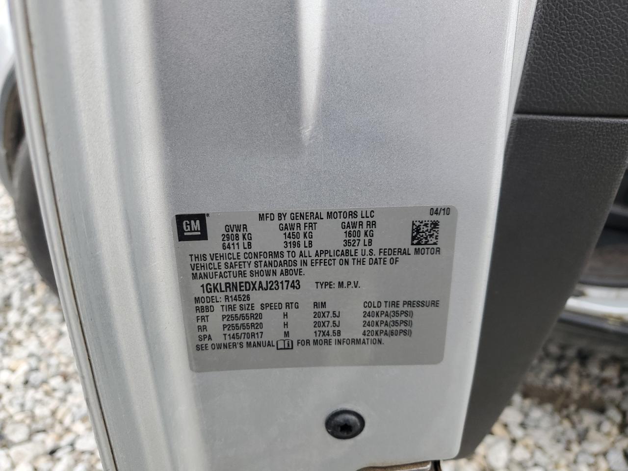 2010 GMC Acadia Slt-2 VIN: 1GKLRNEDXAJ231743 Lot: 91882285