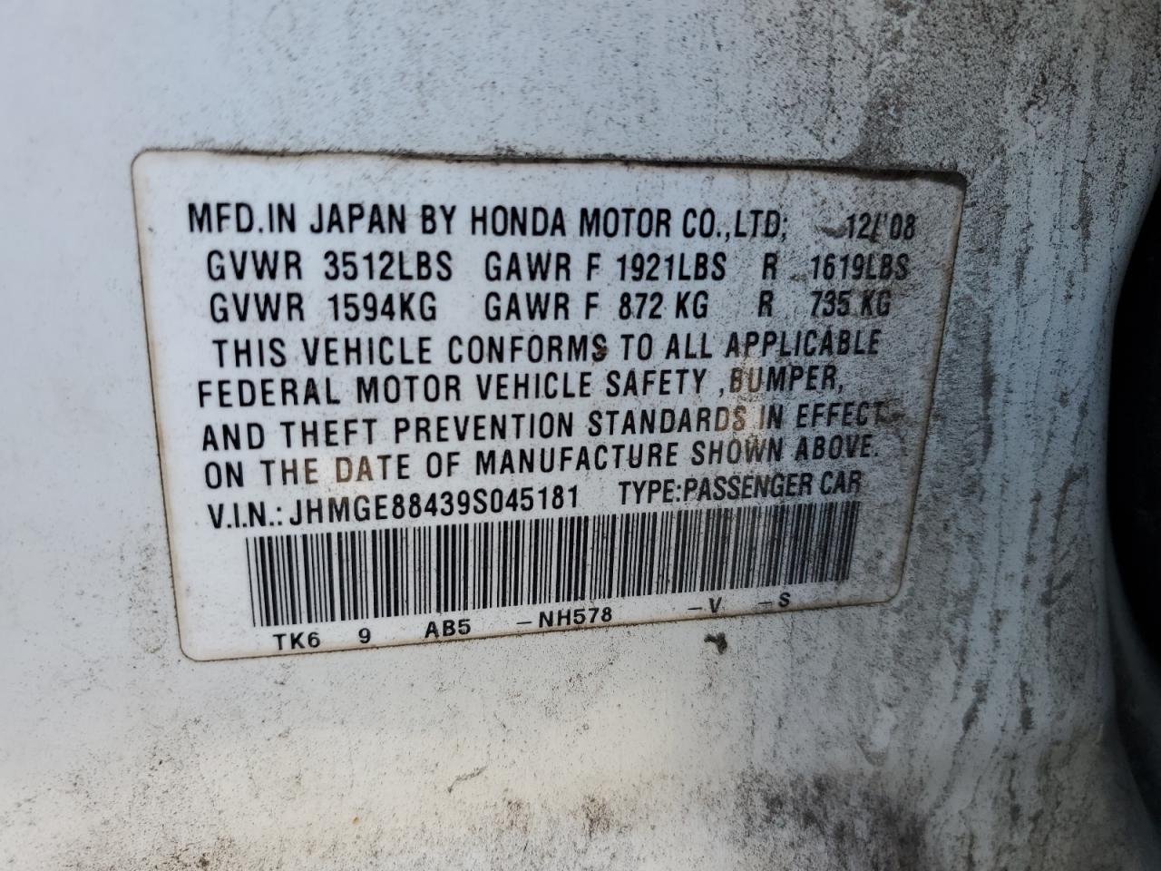 2009 Honda Fit Sport VIN: JHMGE88439S045181 Lot: 93060195