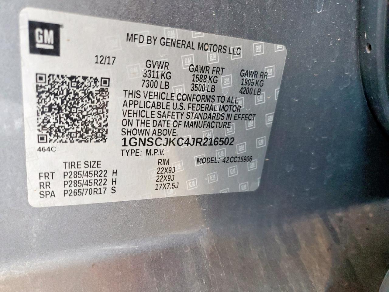 2018 Chevrolet Suburban C1500 Premier VIN: 1GNSCJKC4JR216502 Lot: 91512065