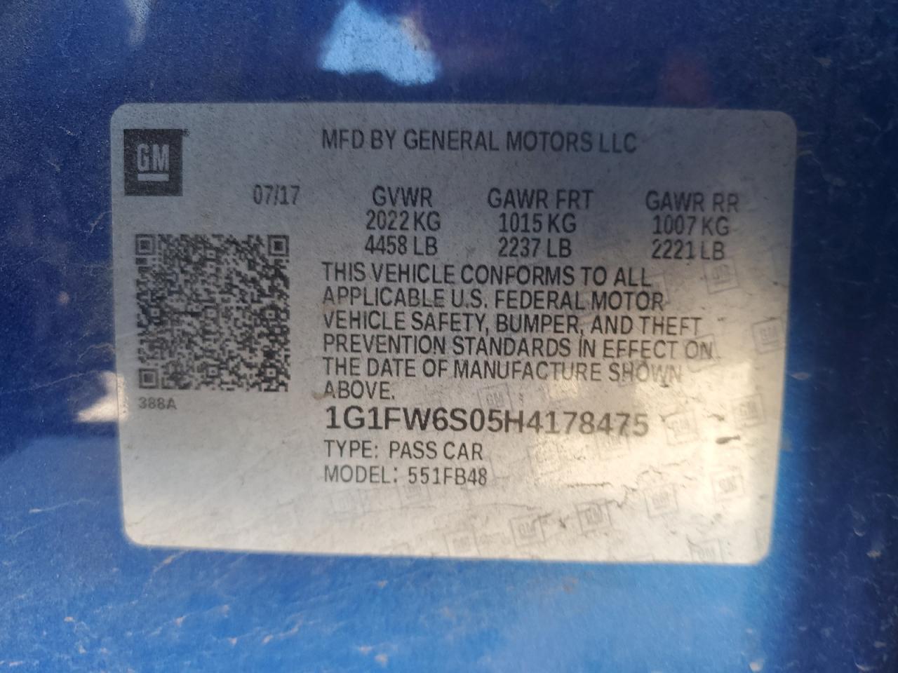 2017 Chevrolet Bolt Ev Lt VIN: 1G1FW6S05H4178475 Lot: 90122445