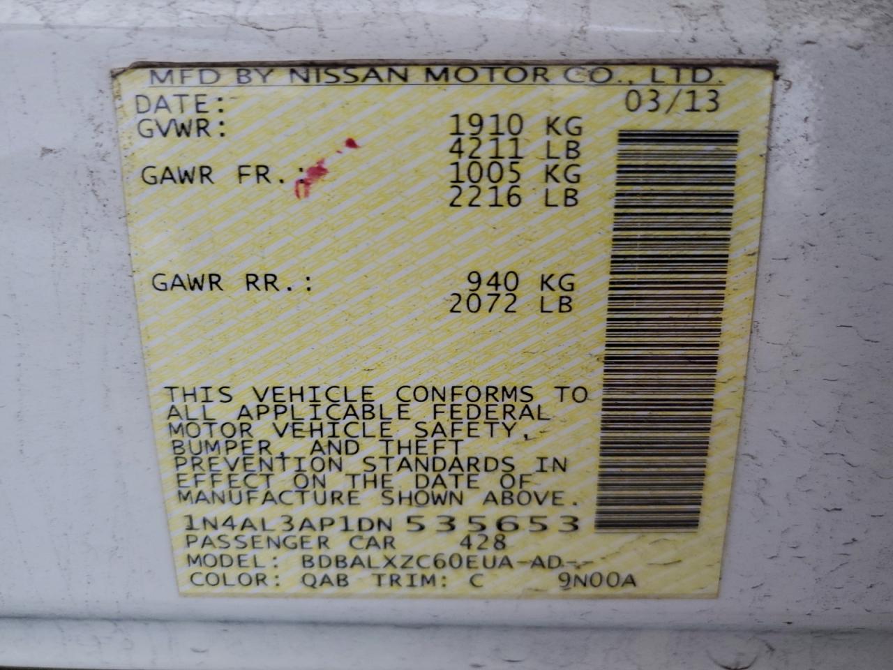 2013 Nissan Altima 2.5 VIN: 1N4AL3AP1DN535653 Lot: 94118705