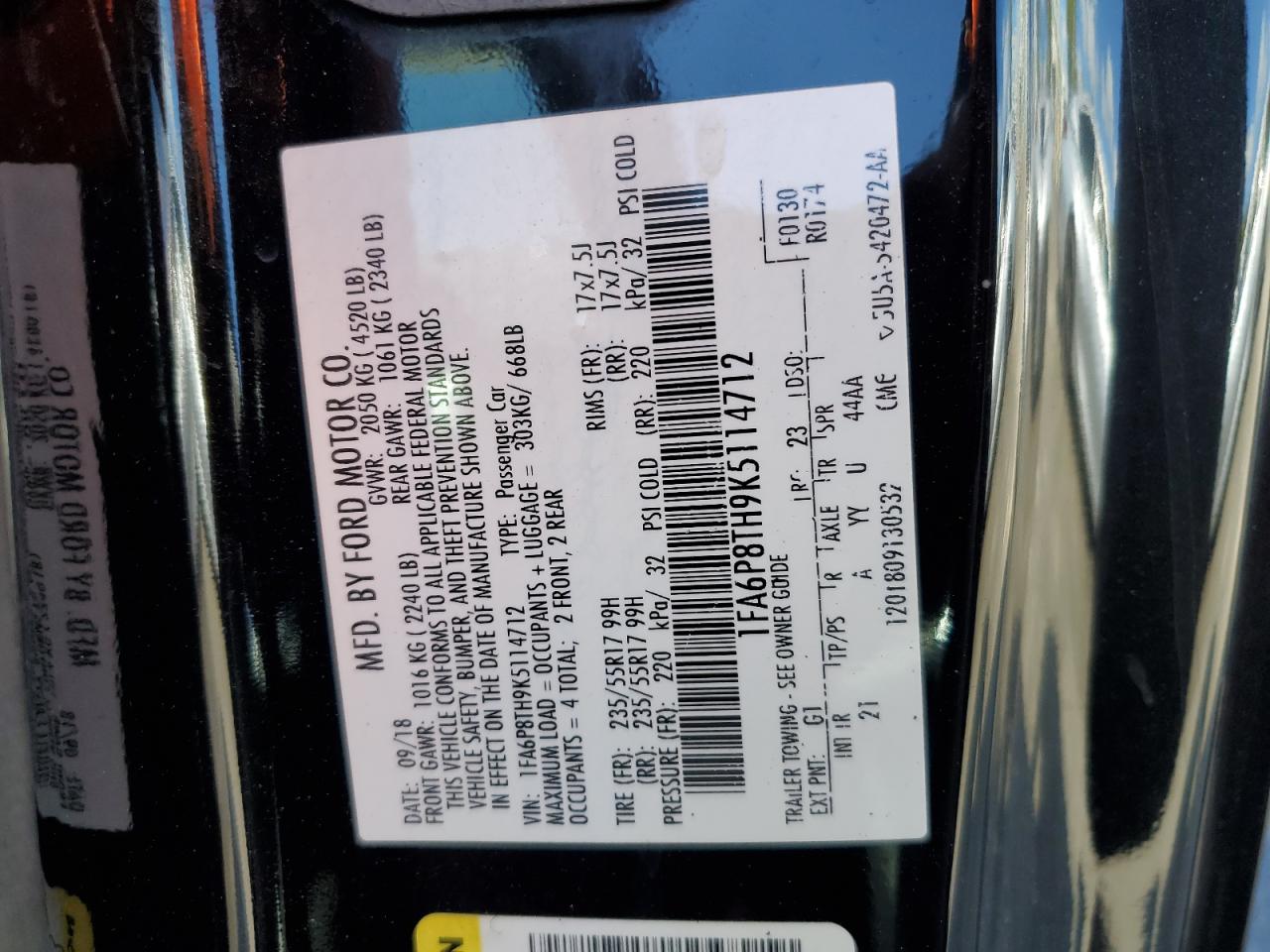 2019 Ford Mustang VIN: 1FA6P8TH9K5114712 Lot: 93798045