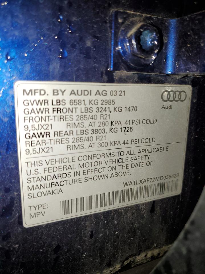2021 Audi Q7 Premium Plus VIN: WA1LXAF72MD036428 Lot: 91837795