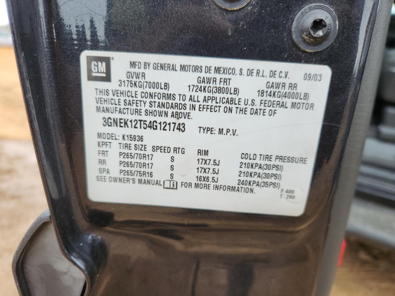 2004 Chevrolet Avalanche K1500 VIN: 3GNEK12T54G121743 Lot: 91440535