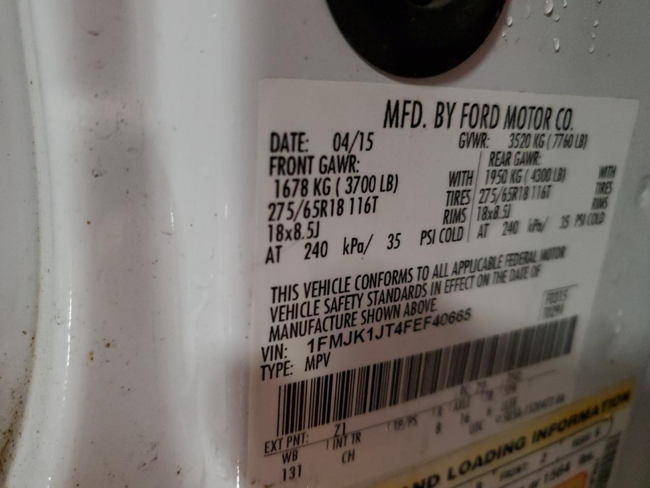 2015 Ford Expedition El Xlt VIN: 1FMJK1JT4FEF40665 Lot: 92050745