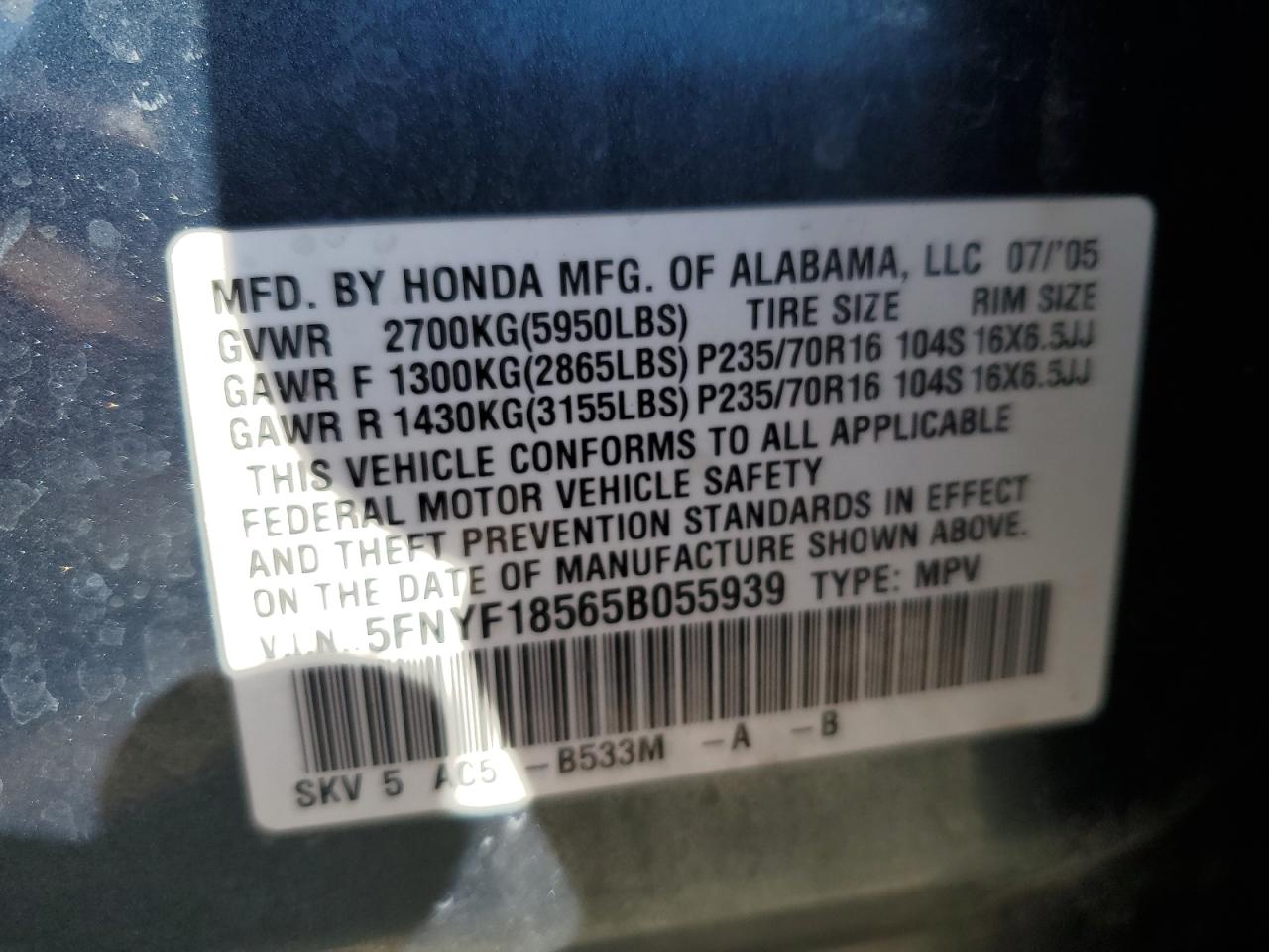 2005 Honda Pilot Exl VIN: 5FNYF18565B055939 Lot: 90927575