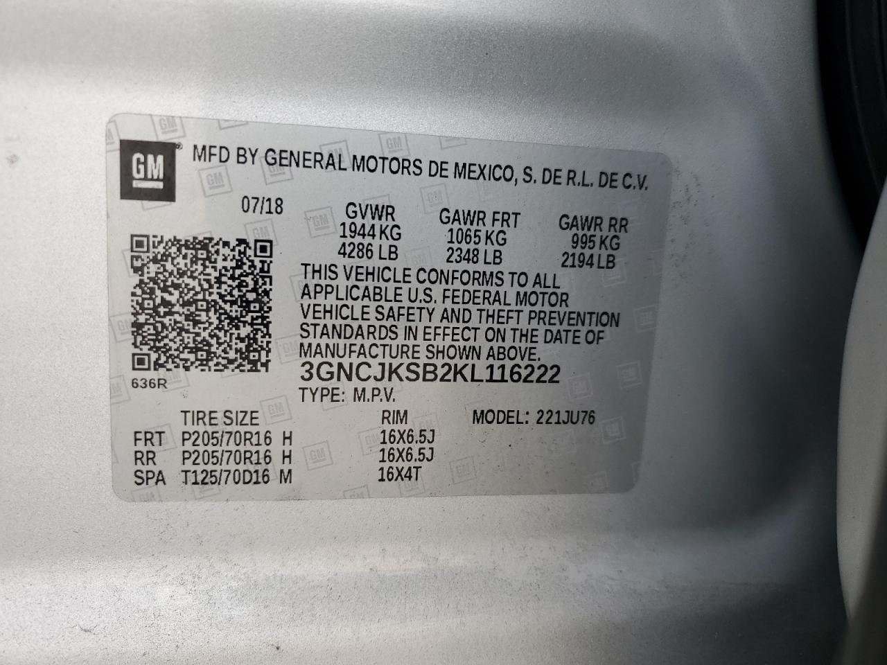 2019 Chevrolet Trax Ls VIN: 3GNCJKSB2KL116222 Lot: 93548545