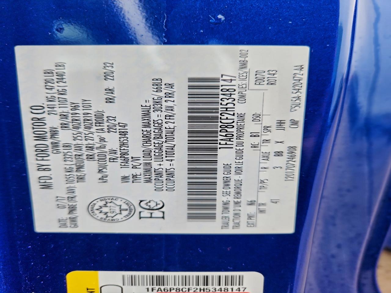 2017 Ford Mustang Gt VIN: 1FA6P8CF2H5348147 Lot: 92875995