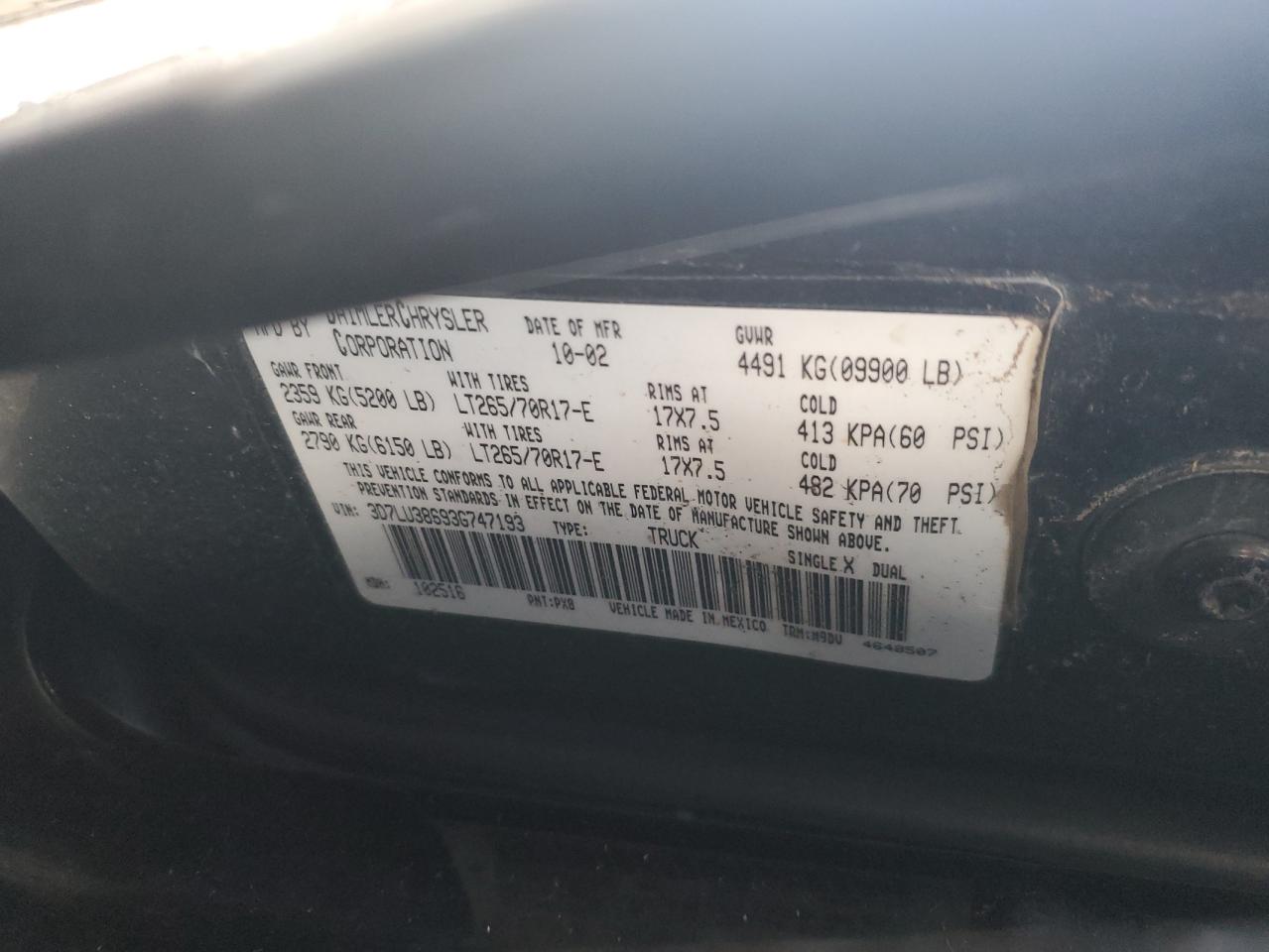 2003 Dodge Ram 3500 St VIN: 3D7LU38693G747193 Lot: 92506685