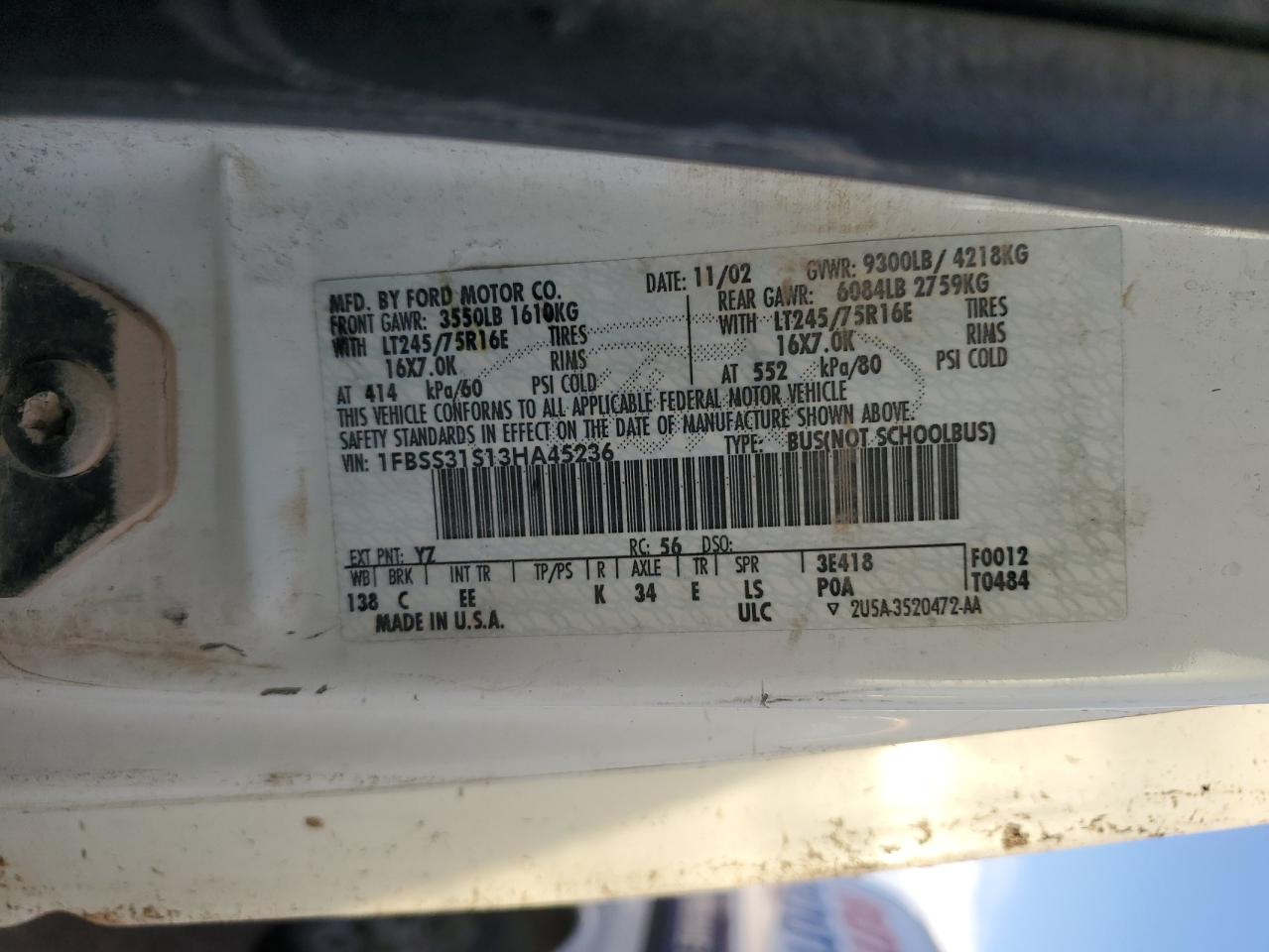 2003 Ford Econoline E350 Super Duty Wagon VIN: 1FBSS31S13HA45236 Lot: 87377145