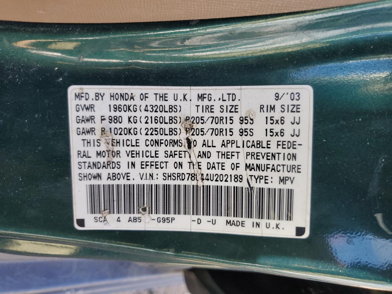 2004 Honda Cr-V Ex VIN: SHSRD78844U202189 Lot: 91133915