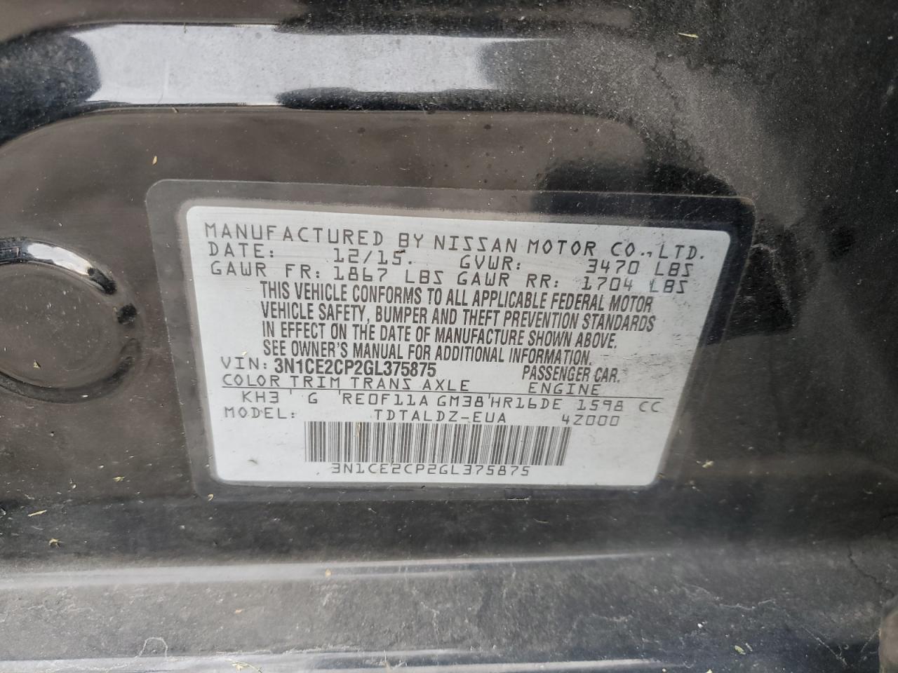 2016 Nissan Versa Note S VIN: 3N1CE2CP2GL375875 Lot: 92434835