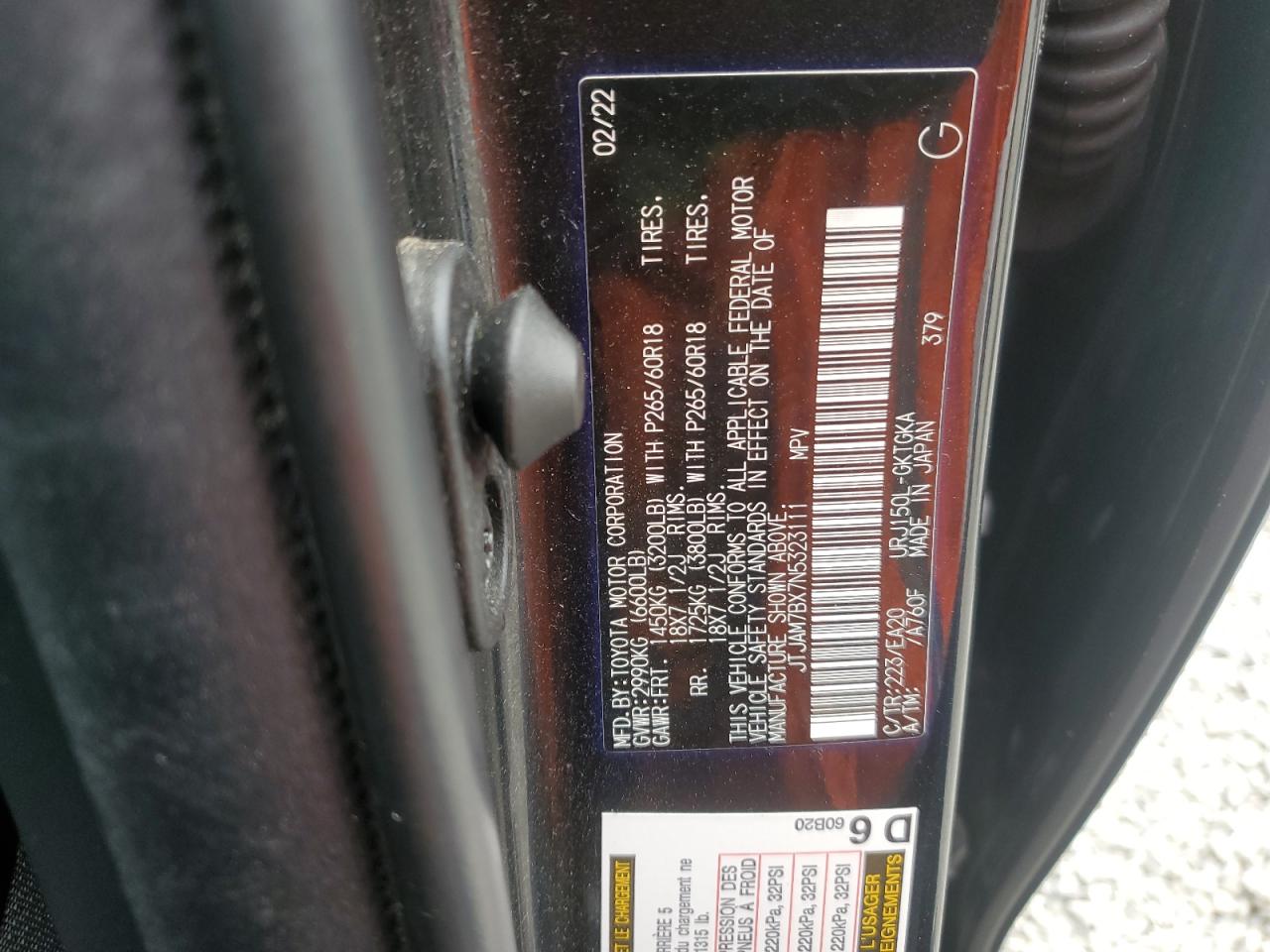 2022 Lexus Gx 460 VIN: JTJAM7BX7N5323111 Lot: 93274095