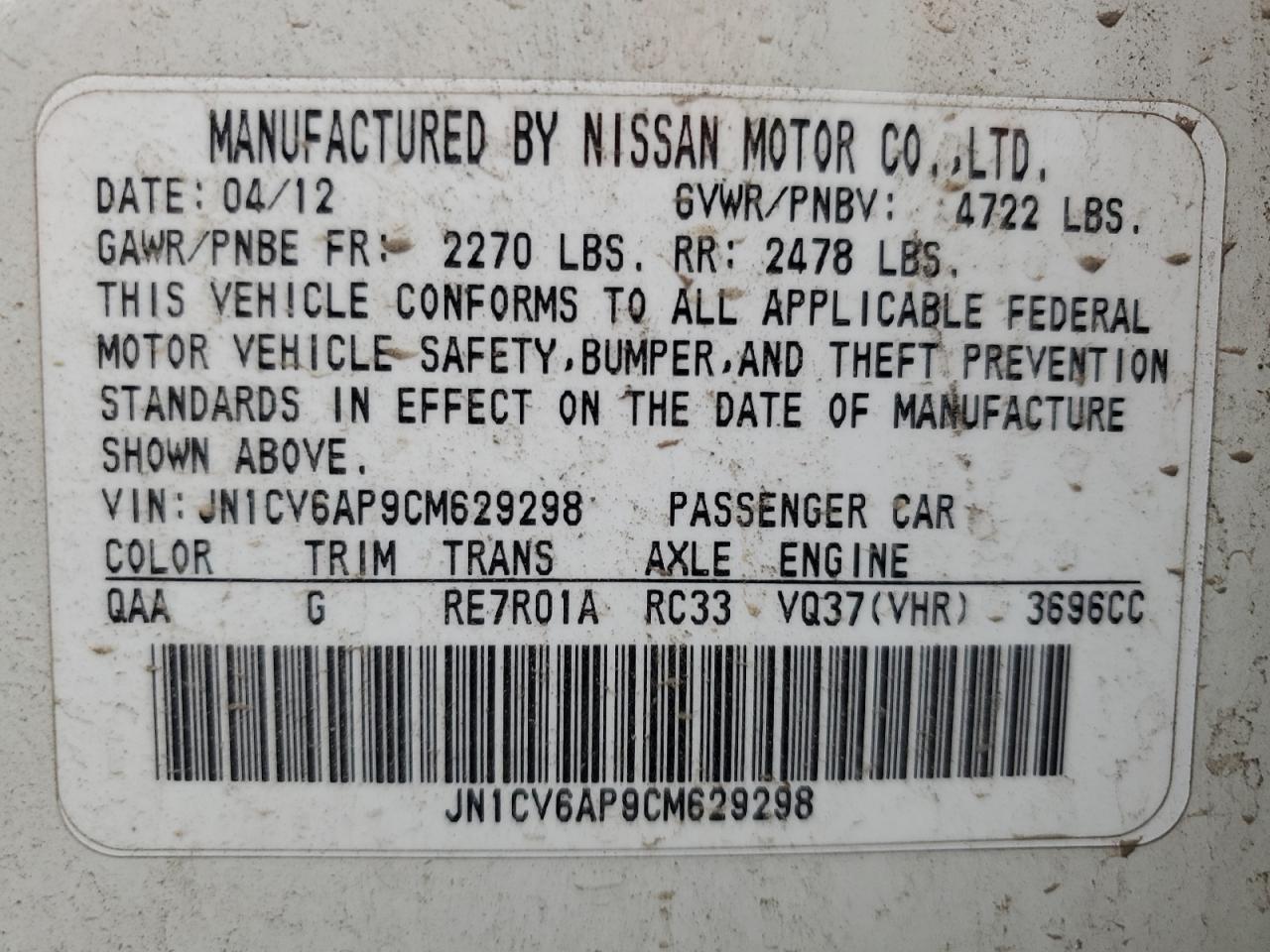 2012 Infiniti G37 Base VIN: JN1CV6AP9CM629298 Lot: 92283235