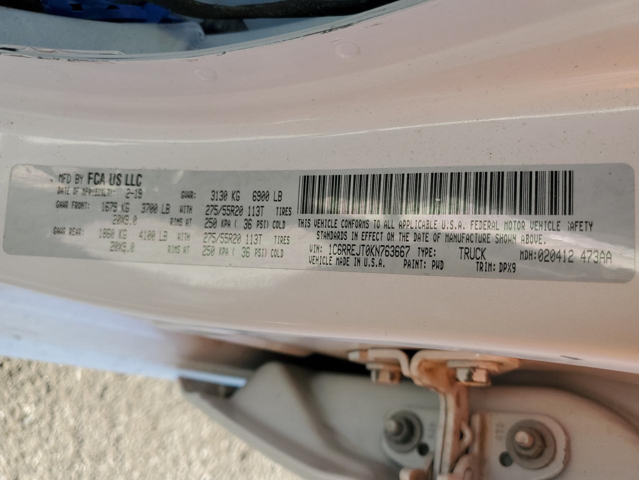 2019 Ram 1500 Laramie VIN: 1C6RREJT0KN763667 Lot: 91143375