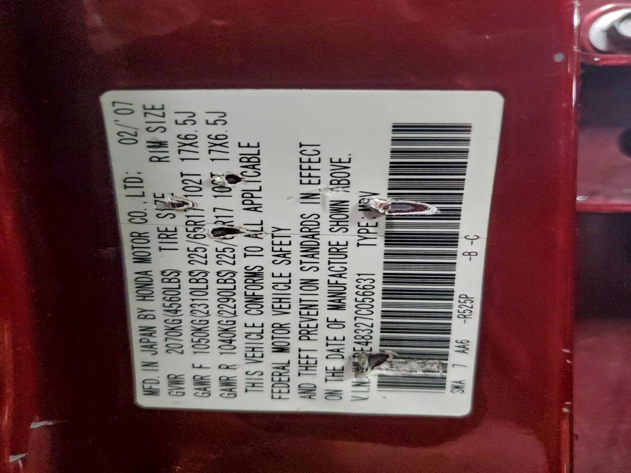 2007 Honda Cr-V Lx VIN: JHLRE48327C056631 Lot: 94491655