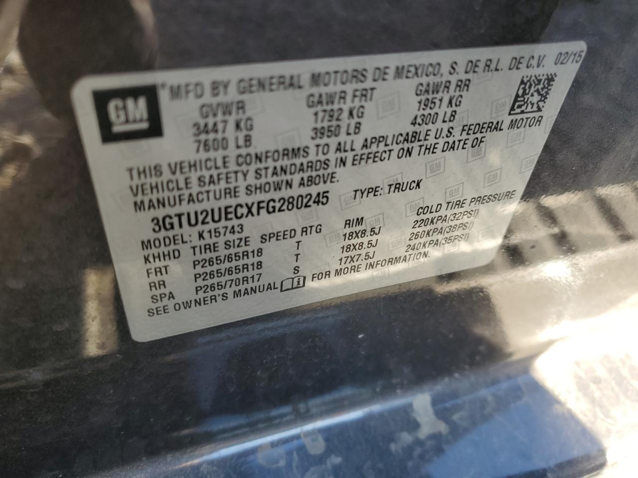 2015 GMC Sierra K1500 Sle VIN: 3GTU2UECXFG280245 Lot: 91309935