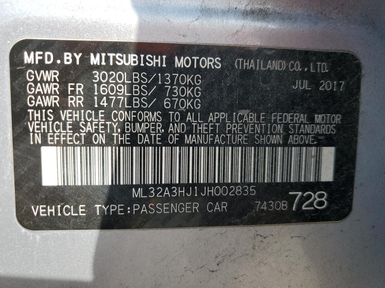 2018 Mitsubishi Mirage Es VIN: ML32A3HJ1JH002835 Lot: 92246135