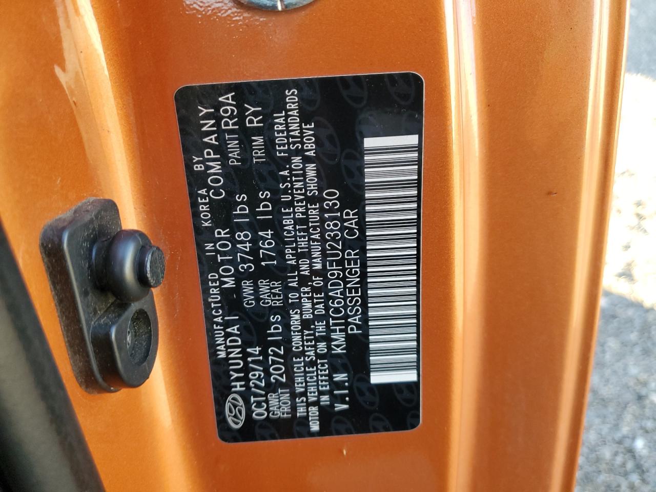 2015 Hyundai Veloster VIN: KMHTC6AD9FU238130 Lot: 93380325