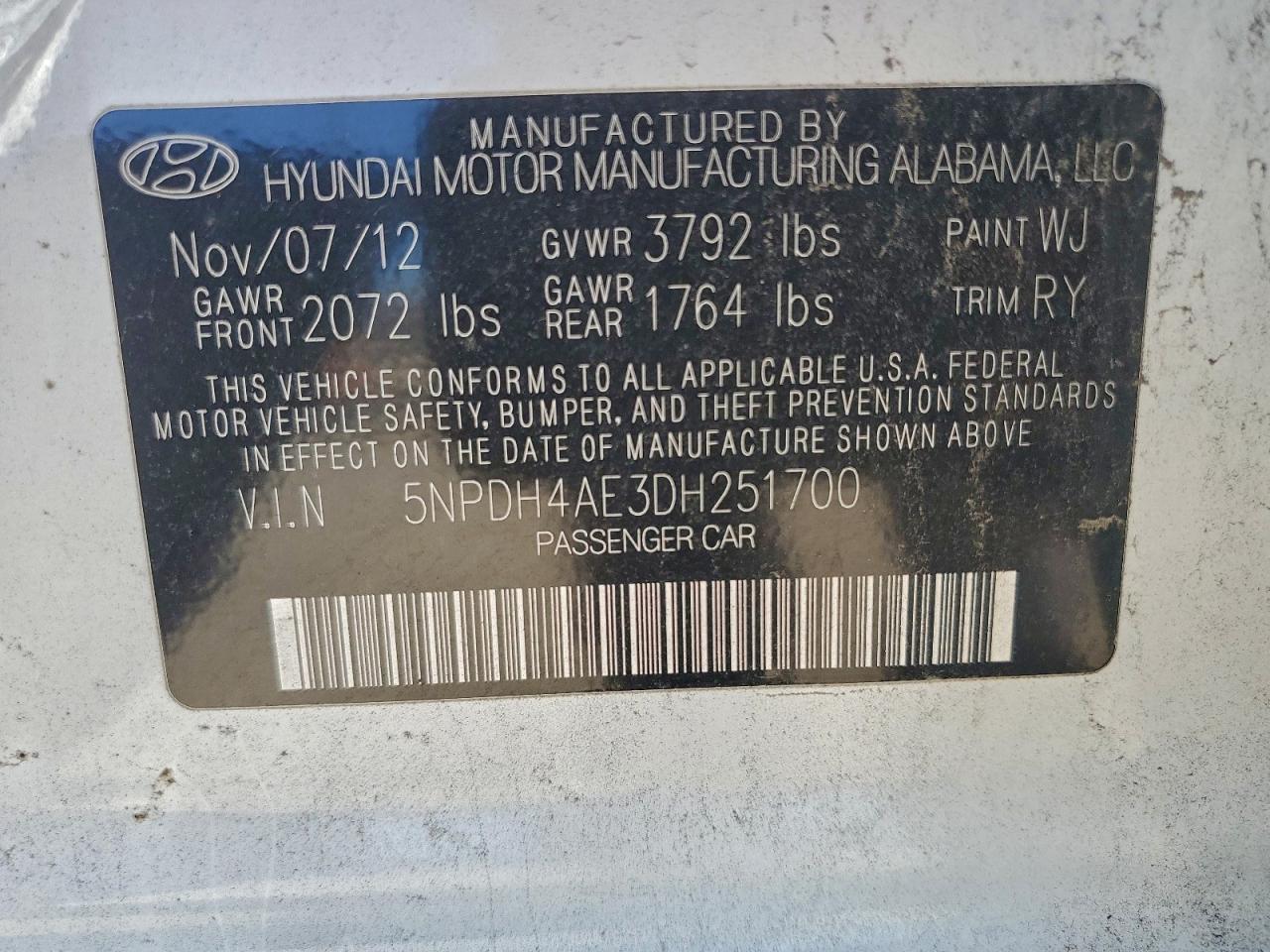 2013 Hyundai Elantra Gls VIN: 5NPDH4AE3DH251700 Lot: 94454315