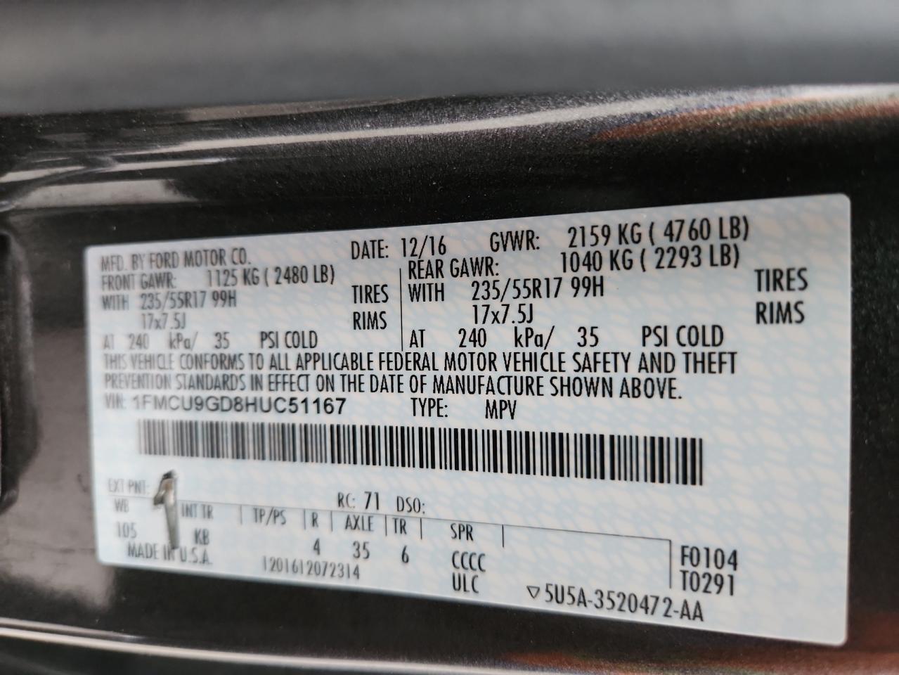 2017 Ford Escape Se VIN: 1FMCU9GD8HUC51167 Lot: 93488085