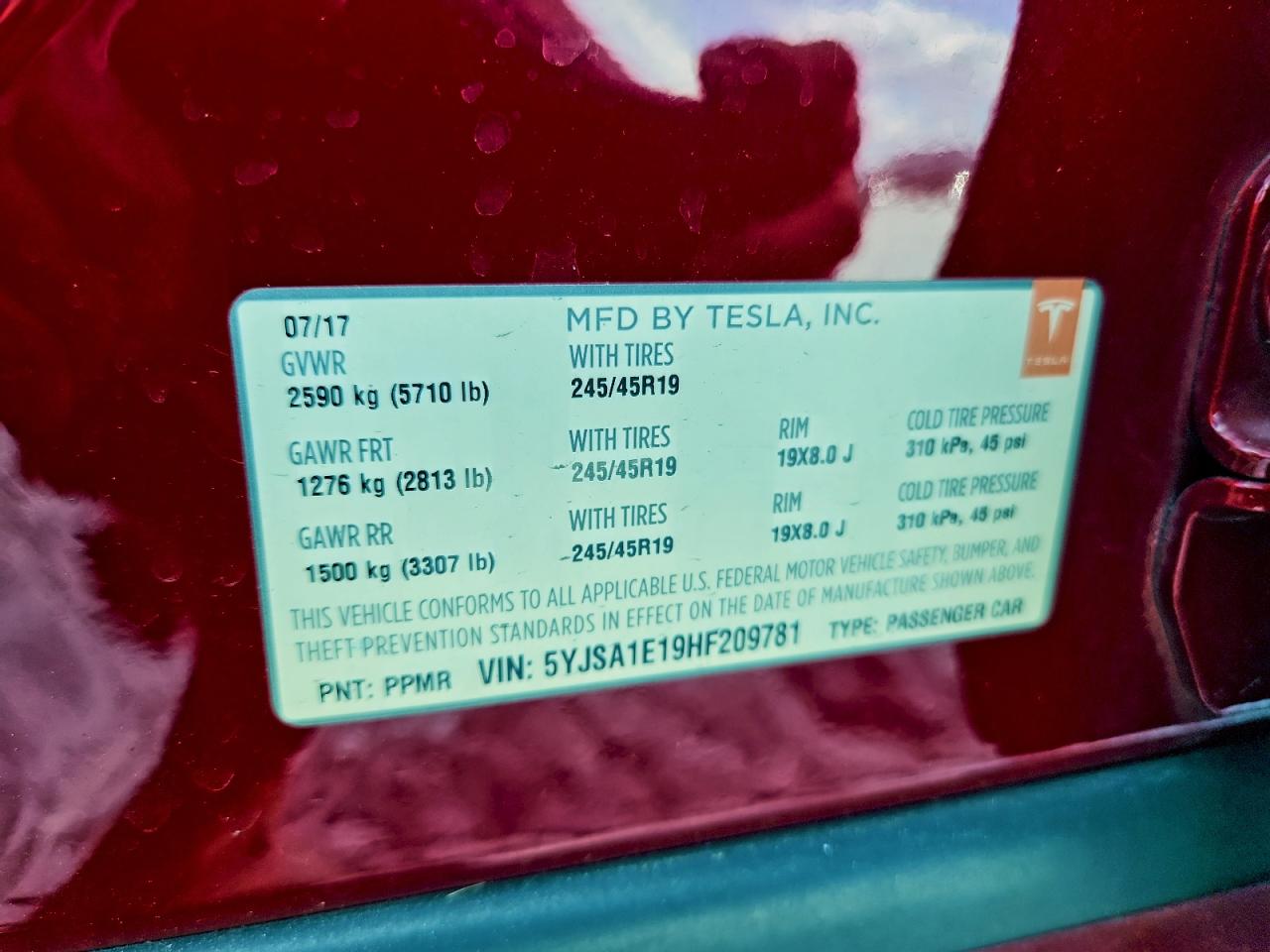 2017 Tesla Model S VIN: 5YJSA1E19HF209781 Lot: 92441675