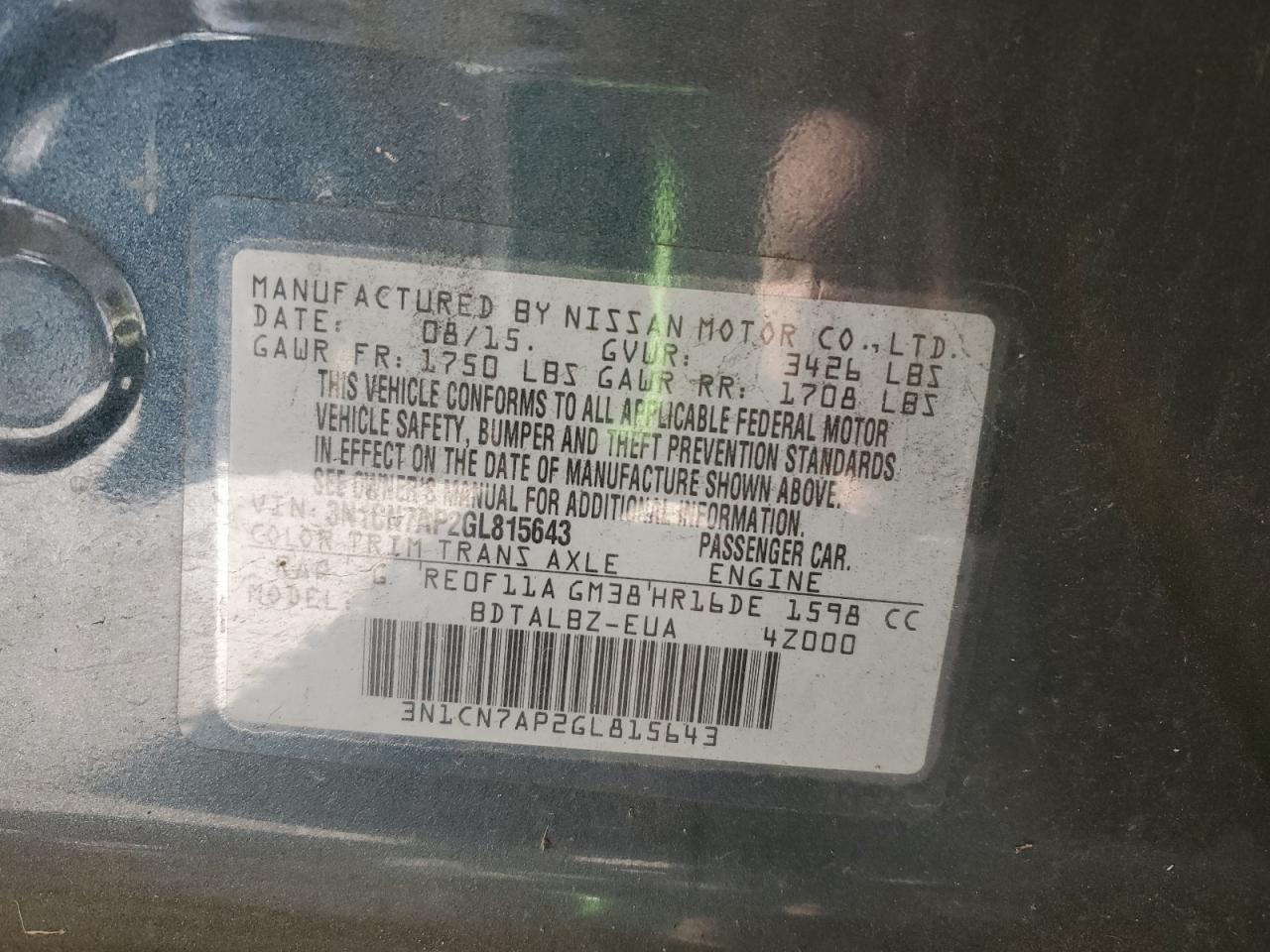 2016 Nissan Versa S VIN: 3N1CN7AP2GL815643 Lot: 92413235