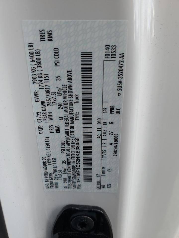 2022 Ford F150 VIN: 1FTMF1E52NKE38055 Lot: 92568005