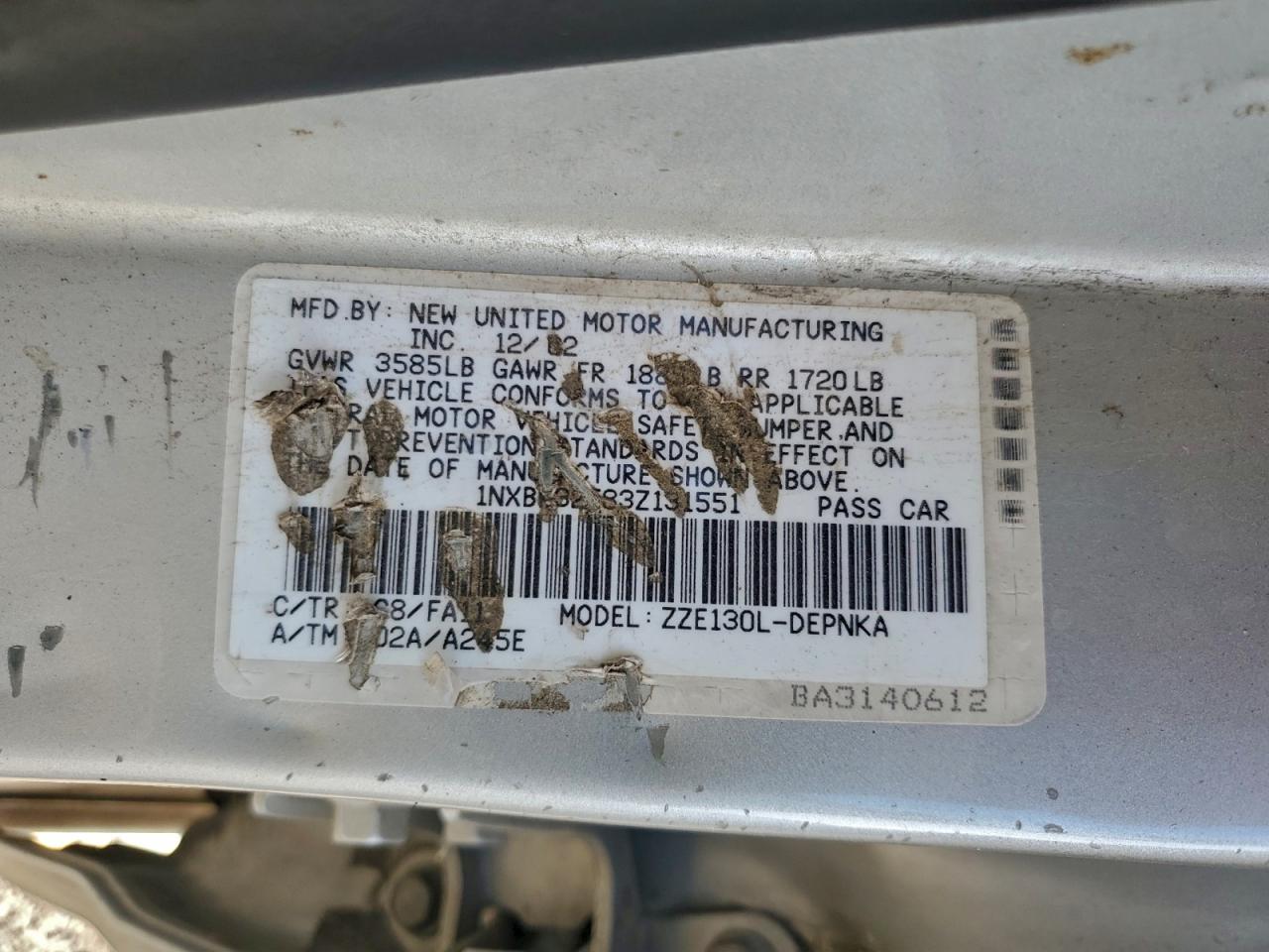 2003 Toyota Corolla Ce VIN: 1NXBR32E83Z131551 Lot: 93373535