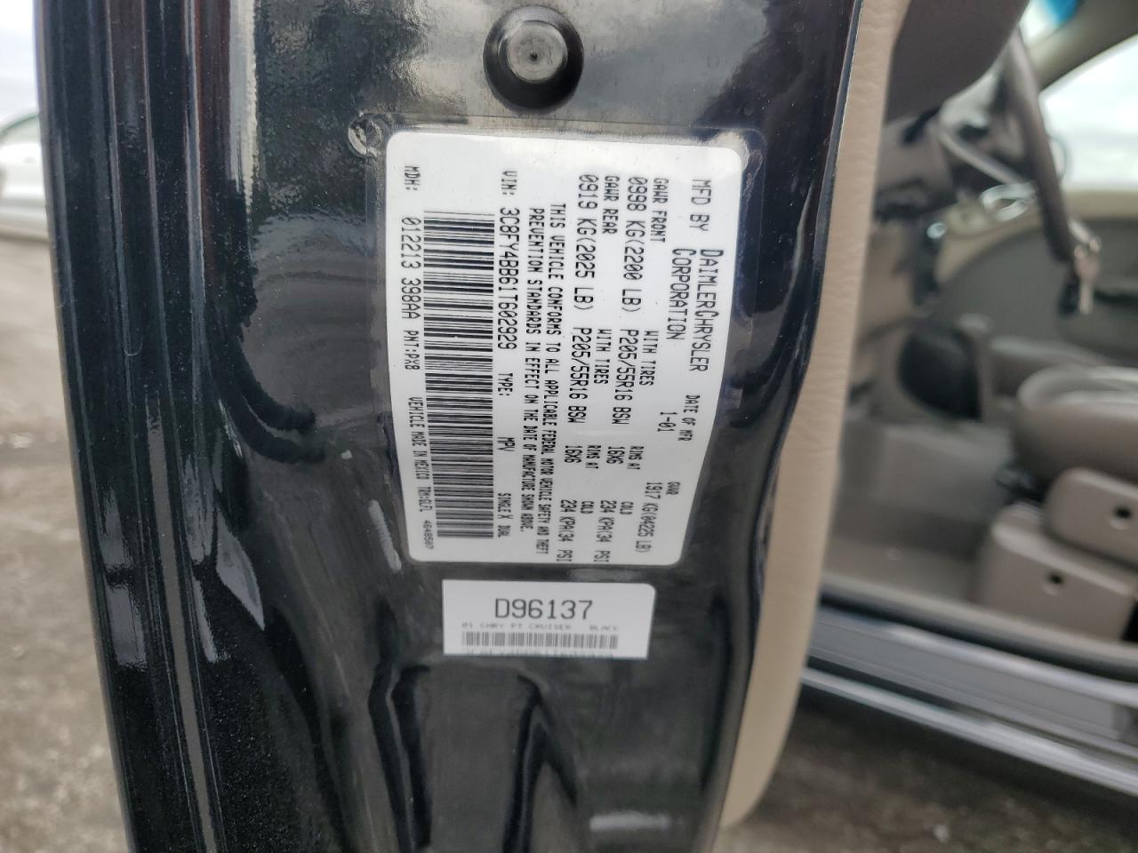 2001 Chrysler Pt Cruiser VIN: 3C8FY4BB61T602929 Lot: 92862475