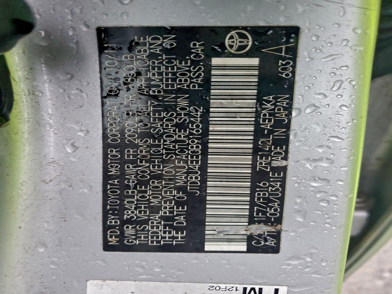 2011 Toyota Corolla Base VIN: JTDBU4EE0B9165442 Lot: 94000945